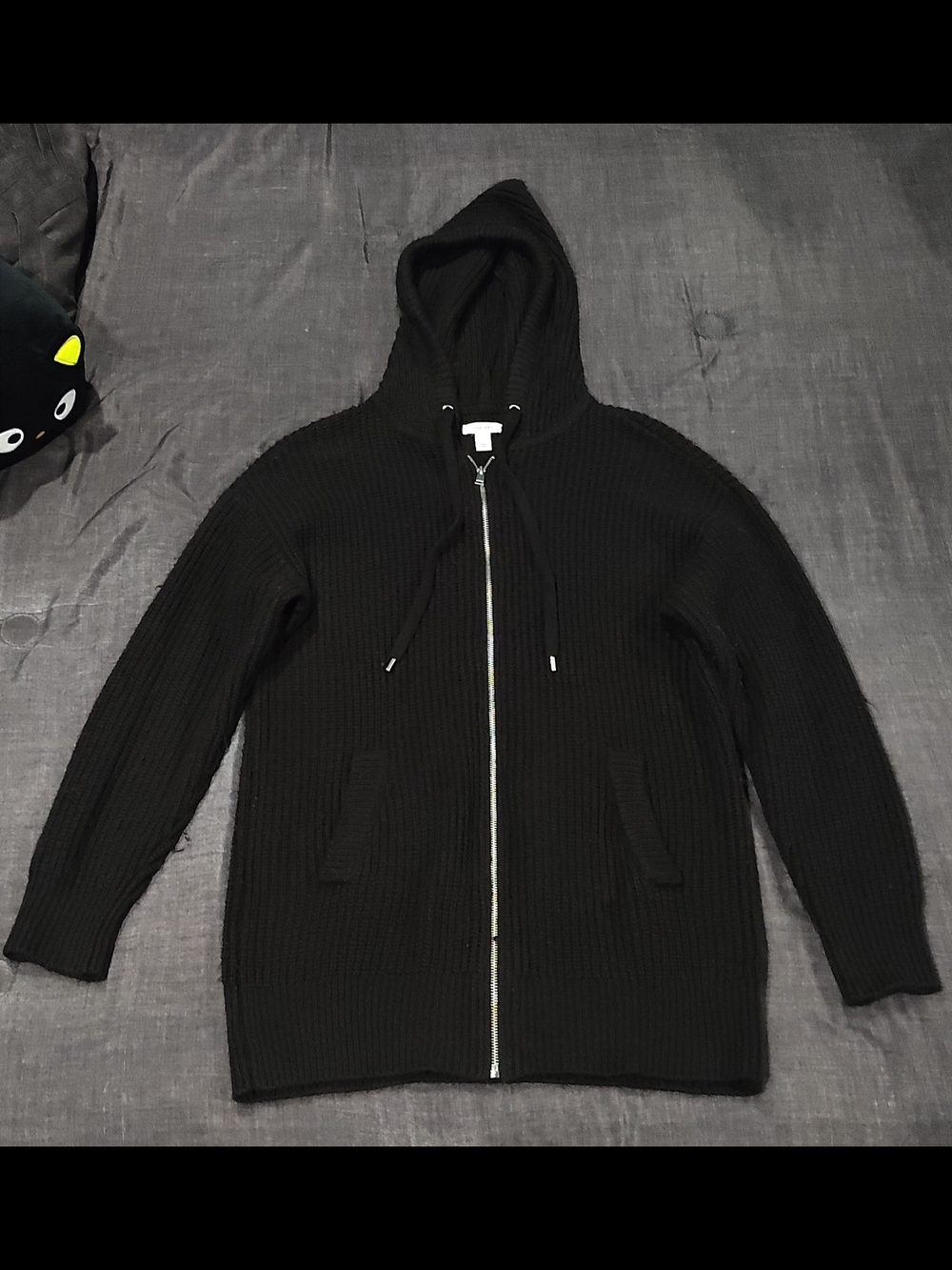 Nine West Black Ribbed Zip-Up Hooded Sweater